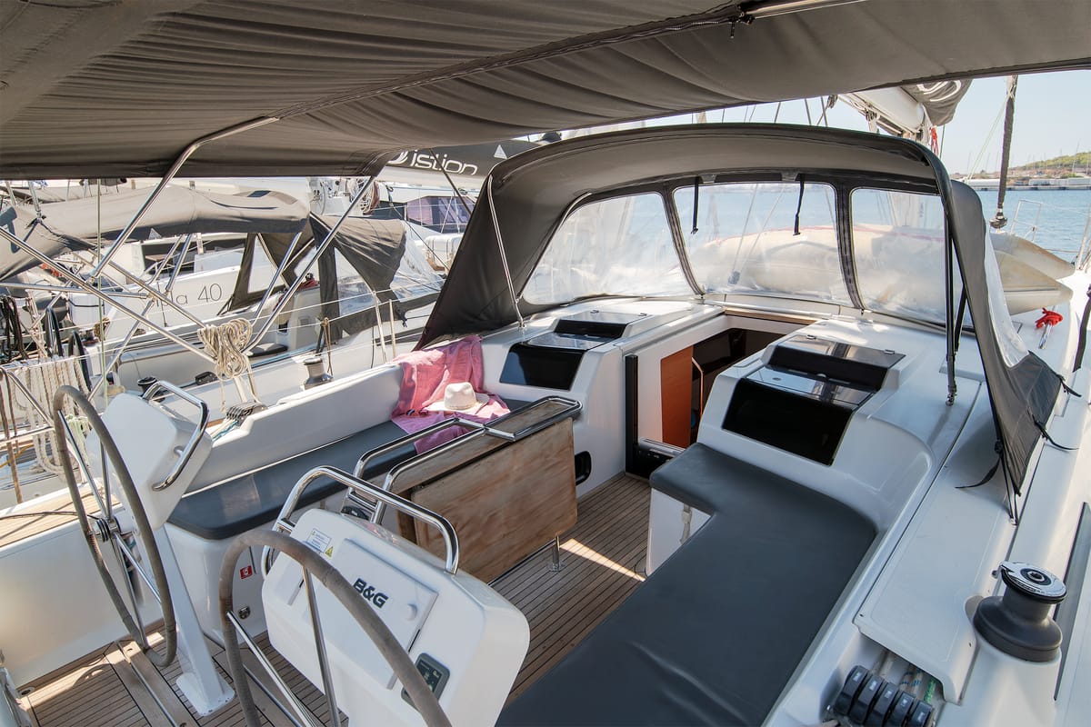 Cockpit of C-YA, a Hanse Yachts Hanse 458 sailboat at Lavreotiki Municipal Unit, Greece