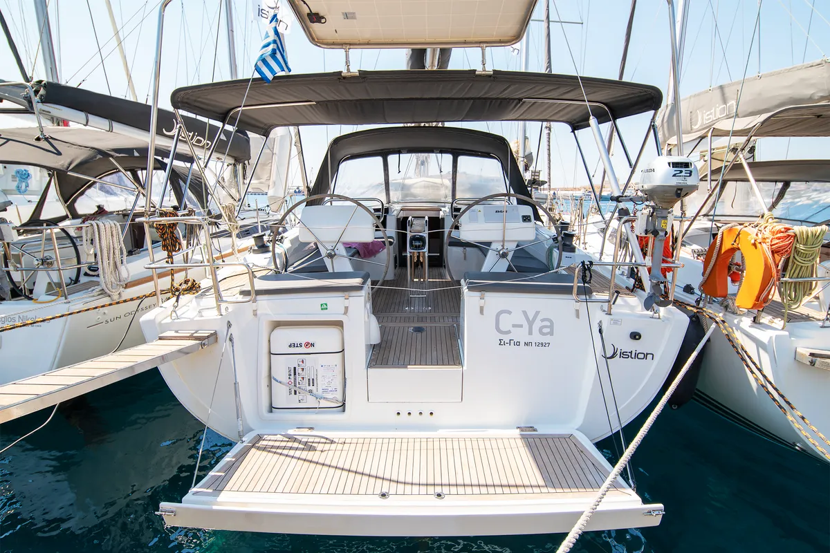Exterior view of C-YA, a Hanse Yachts Hanse 458 sailboat at Lavreotiki Municipal Unit, Greece