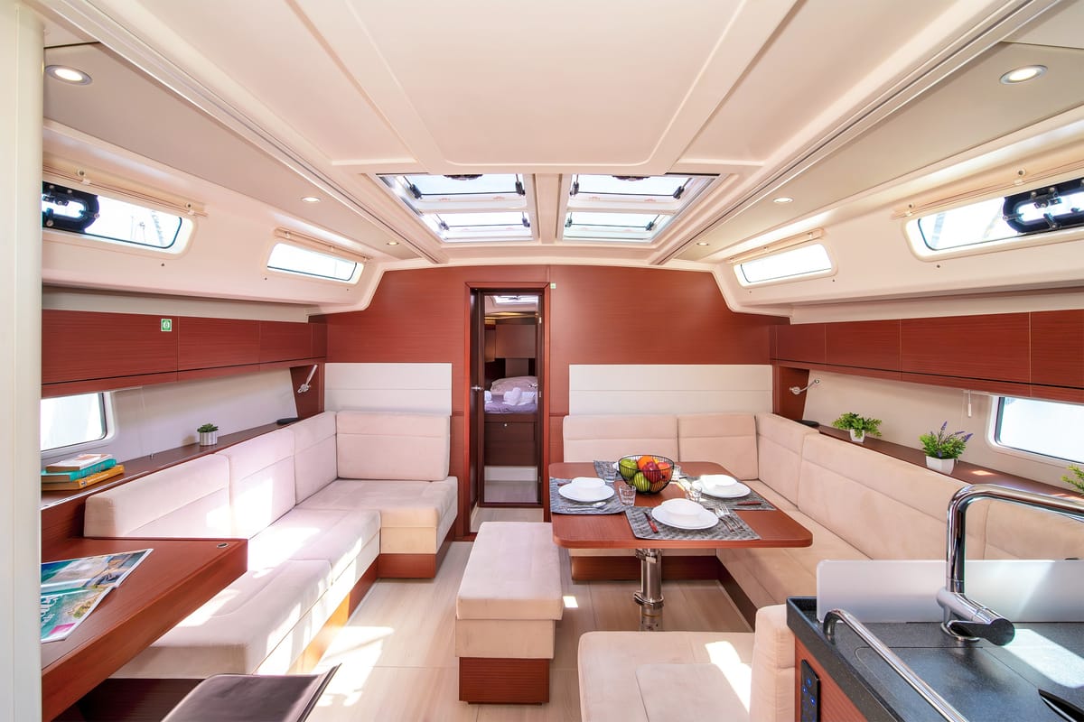 Salon of C-YA, a Hanse Yachts Hanse 458 sailboat at Lavreotiki Municipal Unit, Greece