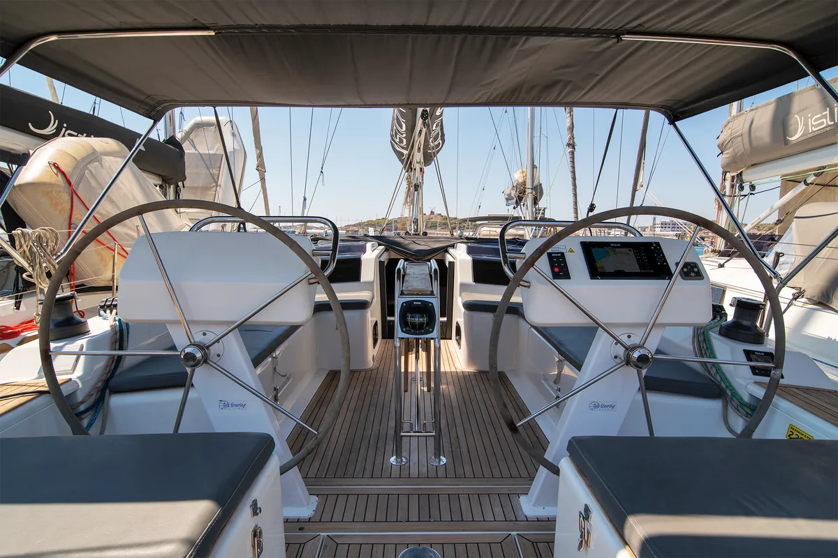 Cockpit of C-YA, a Hanse Yachts Hanse 458 sailboat at Lavreotiki Municipal Unit, Greece