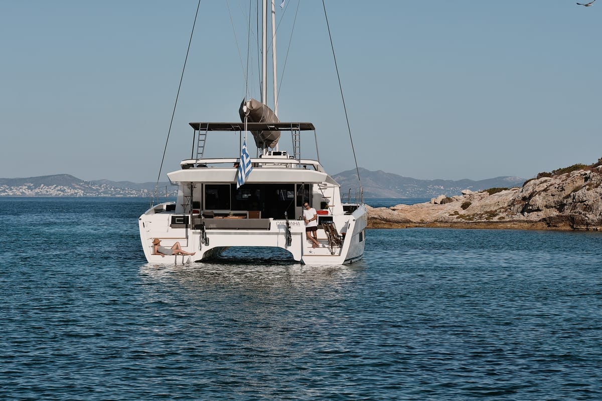 Exterior view of Olga, a Dufour Catamaran 48 catamaran at Salerno, Italy