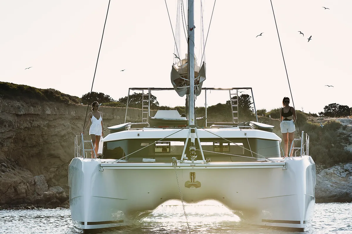 Exterior view of Olga, a Dufour Catamaran 48 catamaran at Salerno, Italy