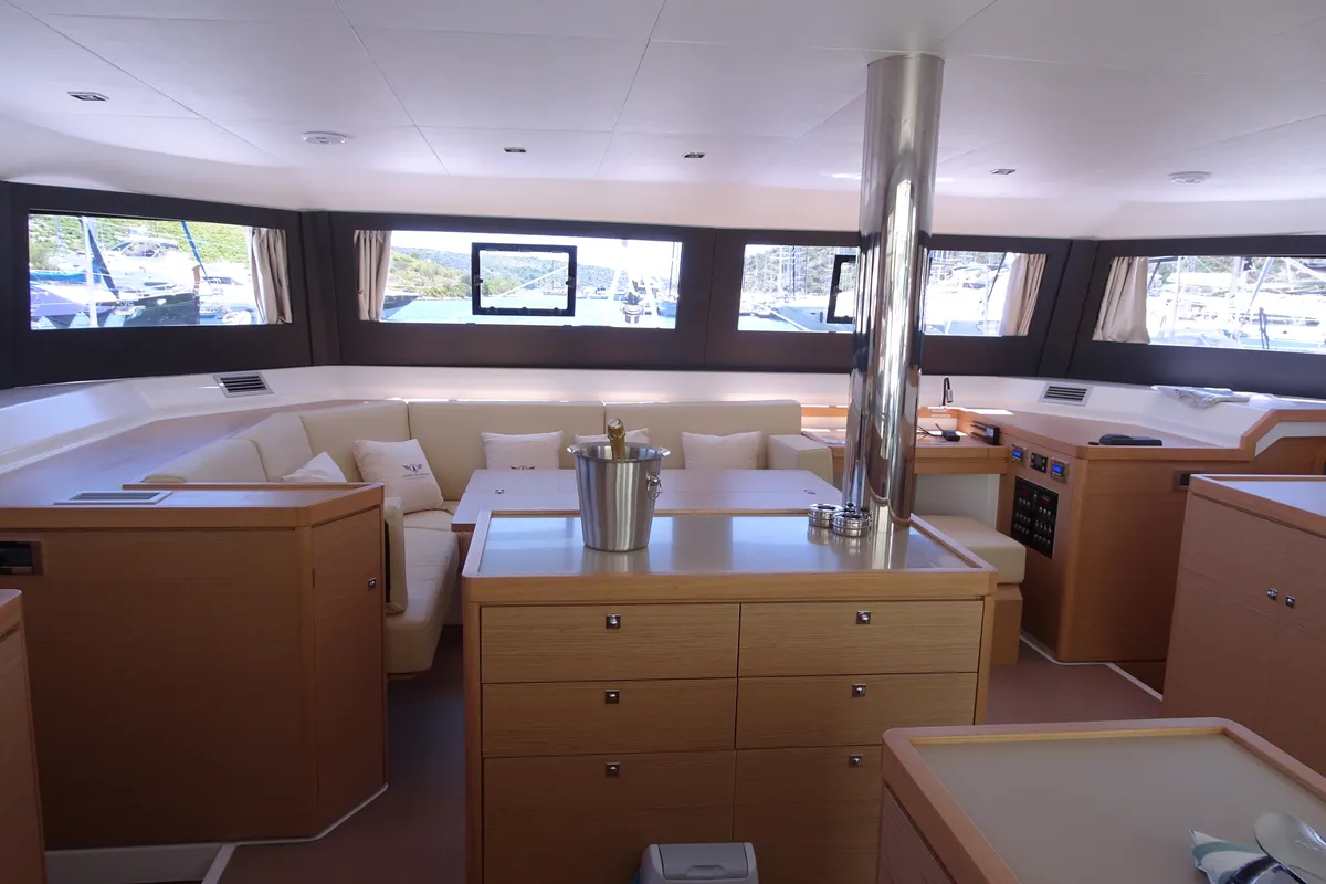 Salon of Olga, a Dufour Catamaran 48 catamaran at Salerno, Italy
