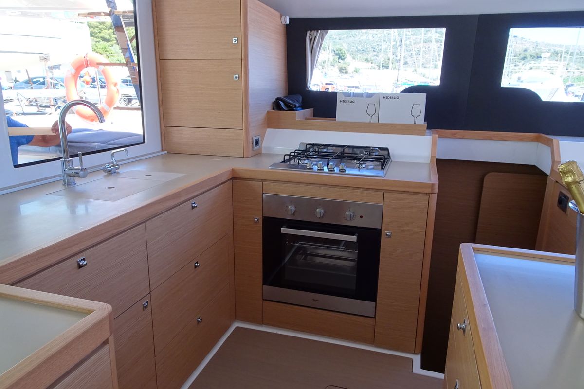 Galley of Olga, a Dufour Catamaran 48 catamaran at Salerno, Italy