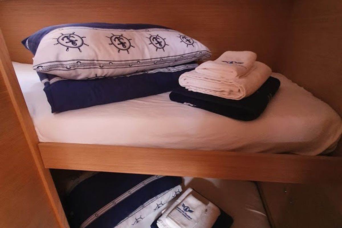 Cabin on Olga, a Dufour Catamaran 48 catamaran at Salerno, Italy