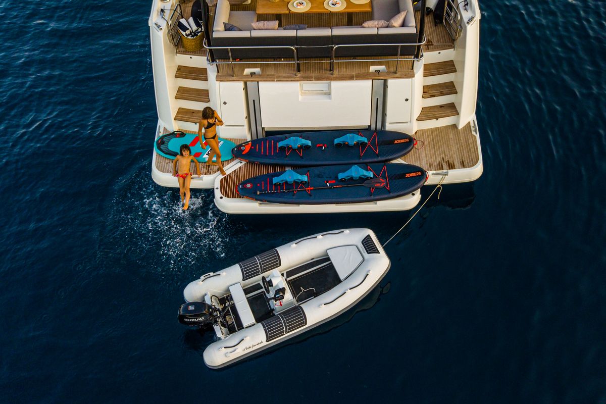 Exterior view of Dolce far niente, a Prestige M48 catamaran at Split, Croatia