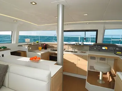 Salon of Iris, a Bali 4.1 catamaran at Volos Municipality, Greece