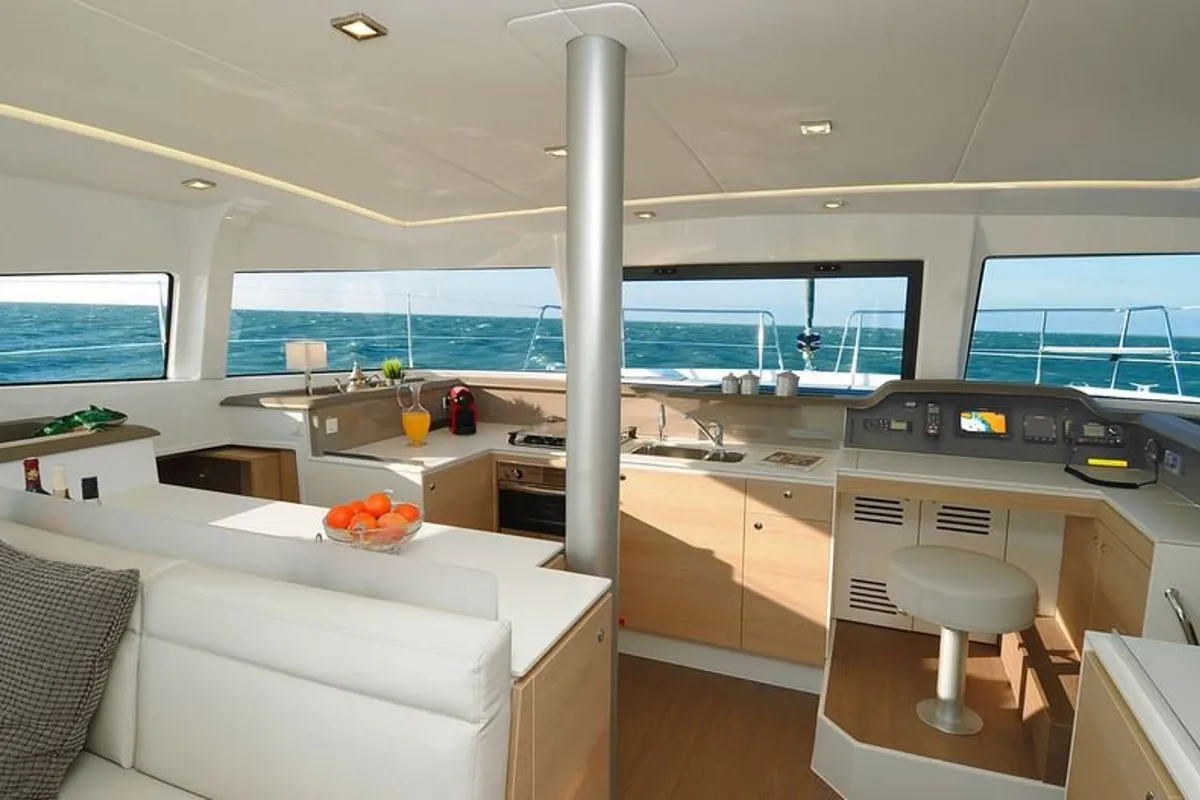 Salon of Iris, a Bali 4.1 catamaran at Volos Municipality, Greece