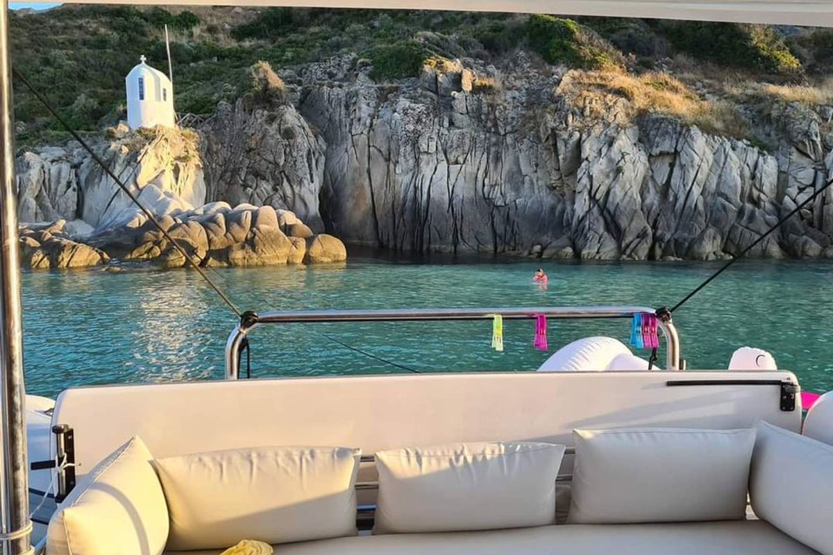 Deck of Iris, a Bali 4.1 catamaran at Volos Municipality, Greece