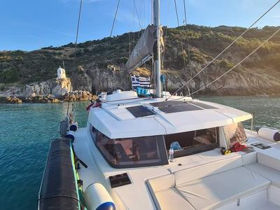 Deck of Iris, a Bali 4.1 catamaran at Volos Municipality, Greece