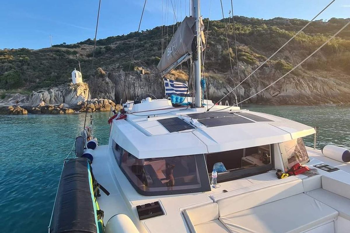 Deck of Iris, a Bali 4.1 catamaran at Volos Municipality, Greece