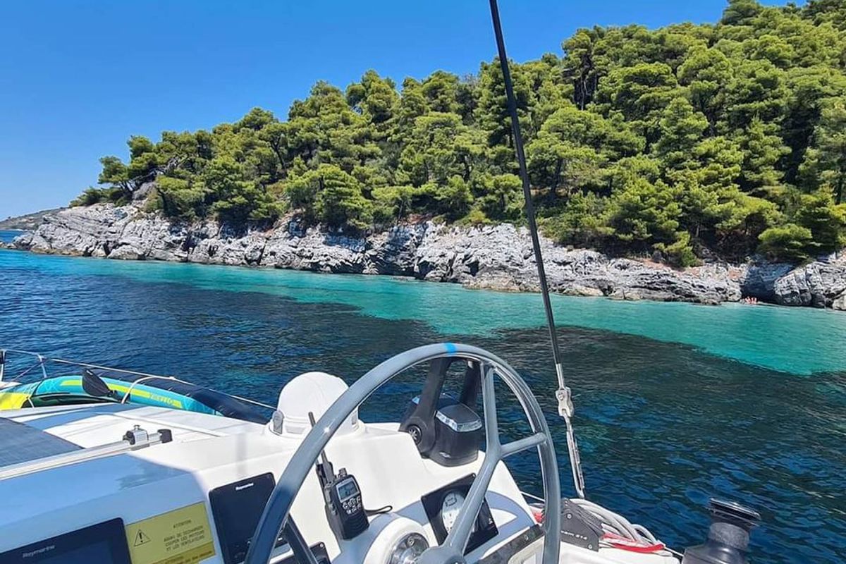 Cockpit of Iris, a Bali 4.1 catamaran at Volos Municipality, Greece