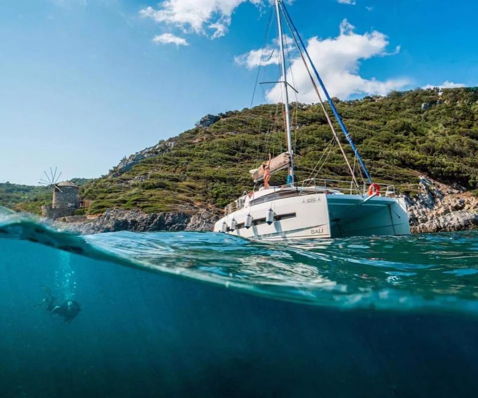 Exterior view of Iris, a Bali 4.1 catamaran at Volos Municipality, Greece