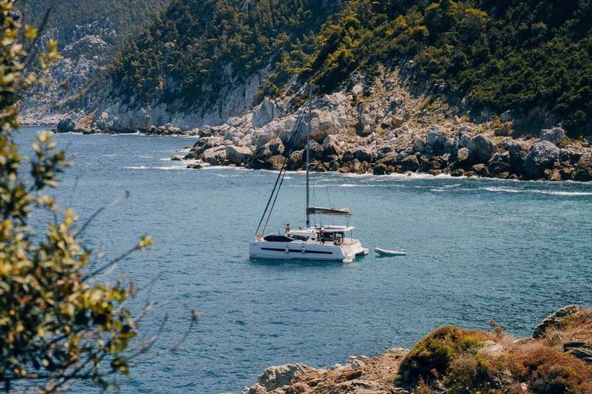 Exterior view of Iris, a Bali 4.1 catamaran at Volos Municipality, Greece