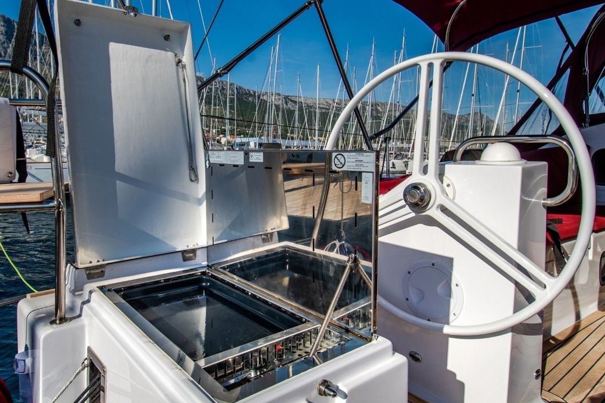 Cockpit of Sax III, a Elan Impression 45.1 sailboat at Grad Kaštela, Croatia