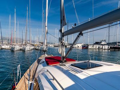 Deck of Sax III, a Elan Impression 45.1 sailboat at Grad Kaštela, Croatia