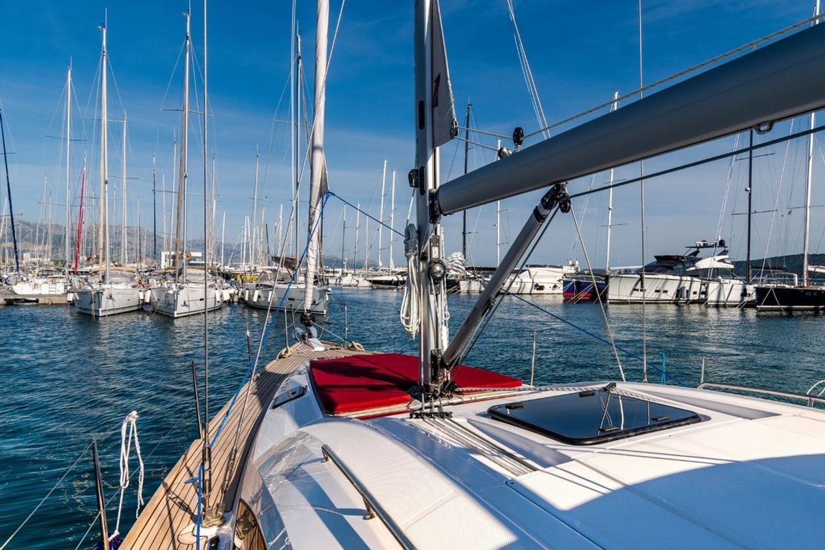 Deck of Sax III, a Elan Impression 45.1 sailboat at Grad Kaštela, Croatia