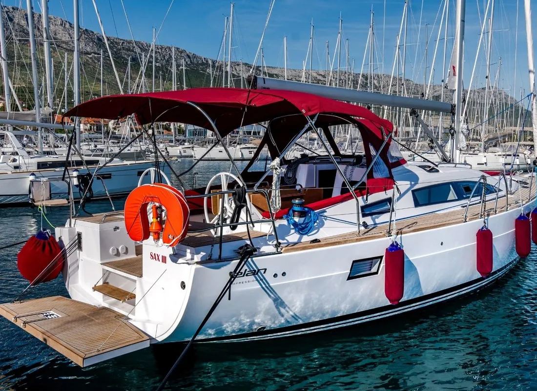 Exterior view of Sax III, a Elan Impression 45.1 sailboat at Grad Kaštela, Croatia