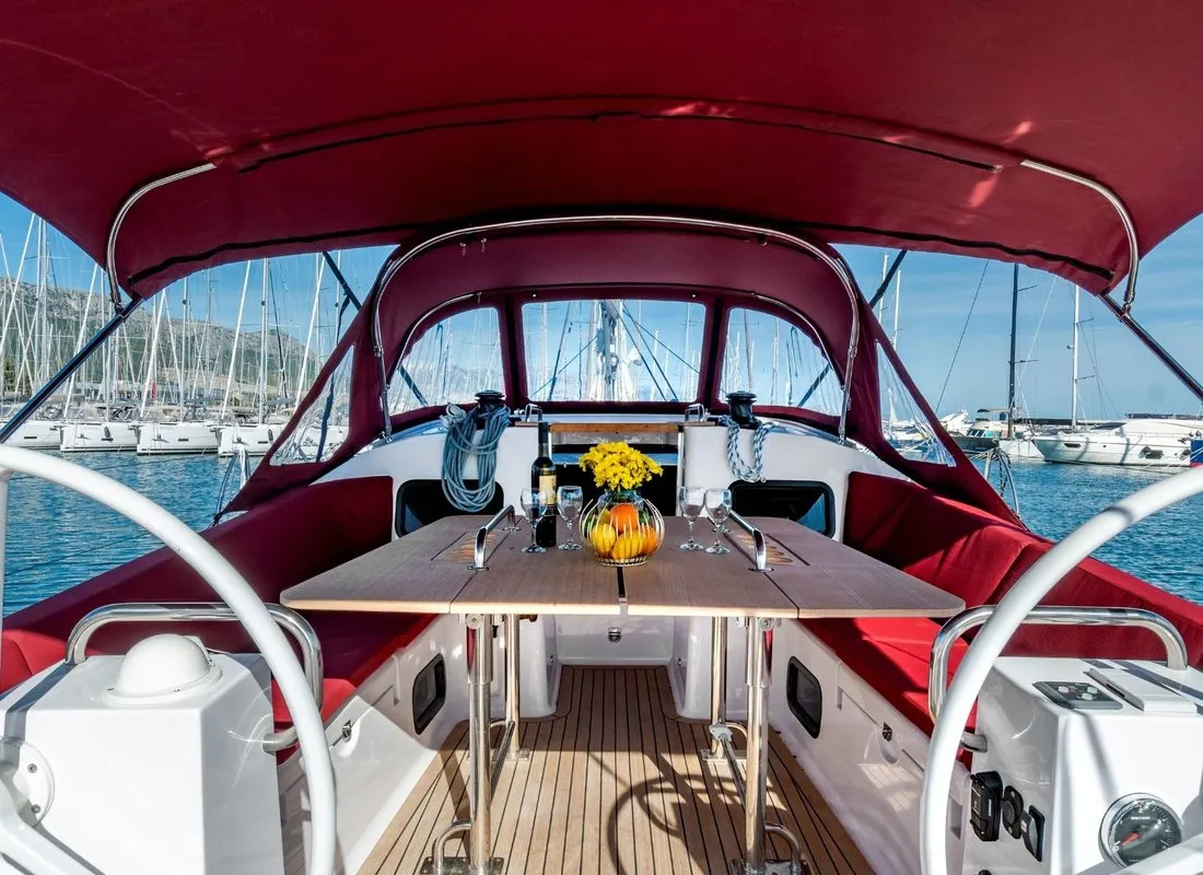Cockpit of Sax III, a Elan Impression 45.1 sailboat at Grad Kaštela, Croatia
