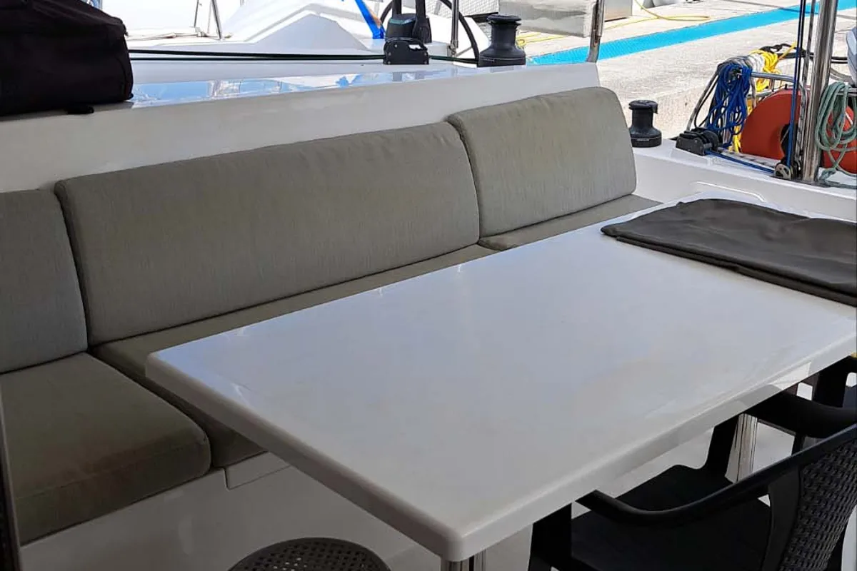 Deck of HELIOS, a Nautitech 40 catamaran at Propriano, France