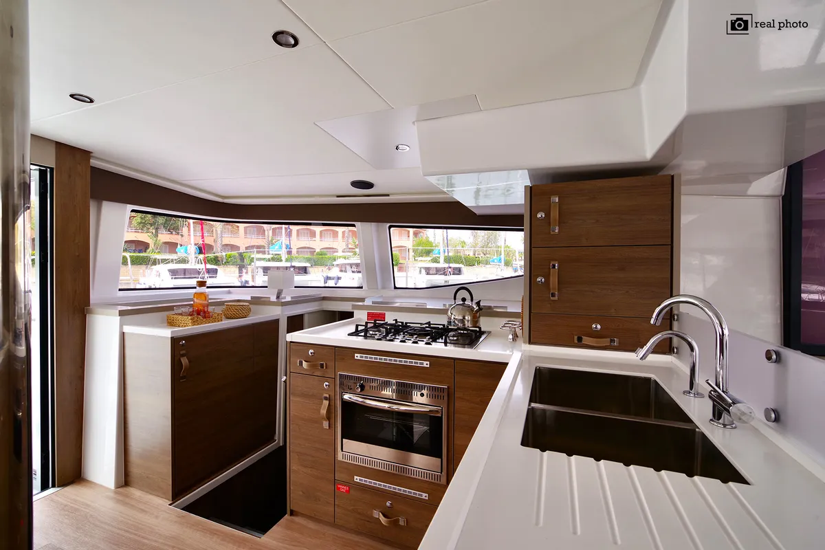 Galley of Antigone, a Bali 4.8 catamaran at Tonnarella, Italy