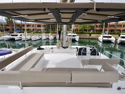 Cockpit of Antigone, a Bali 4.8 catamaran at Tonnarella, Italy