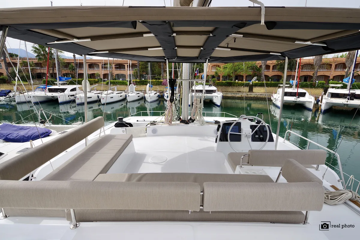Cockpit of Antigone, a Bali 4.8 catamaran at Tonnarella, Italy