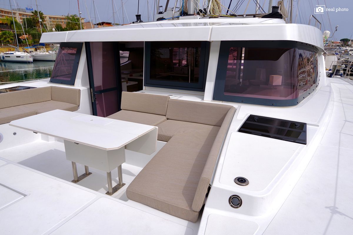 Deck of Antigone, a Bali 4.8 catamaran at Tonnarella, Italy