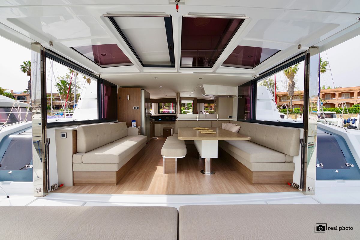 Salon of Antigone, a Bali 4.8 catamaran at Tonnarella, Italy