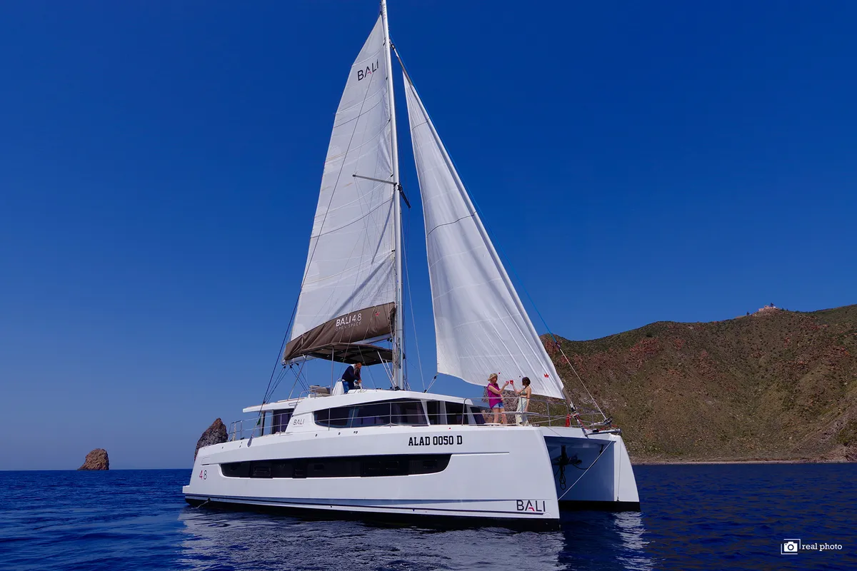 Exterior view of Antigone, a Bali 4.8 catamaran at Tonnarella, Italy