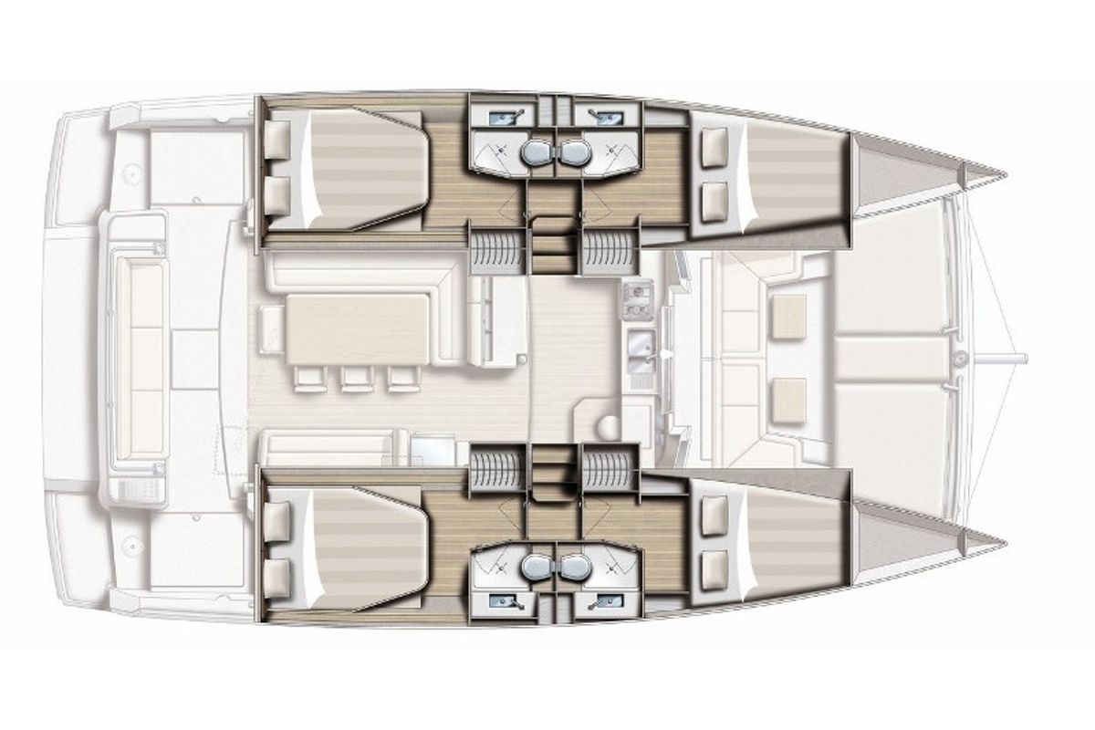 Floor plan of Double Five, a Bali 4.1 catamaran at Kalkara, Malta