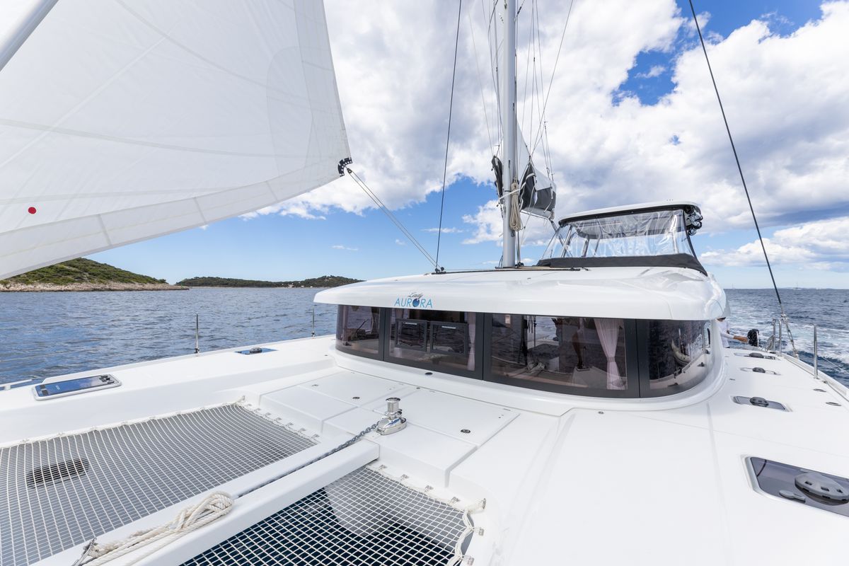 Exterior view of Lady Aurora, a Lagoon 42 catamaran at Općina Rogoznica, Croatia