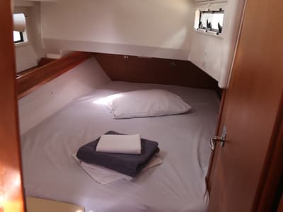 Cabin on Leukothea, a Bavaria Cruiser 36 sailboat at Loutraki, Greece