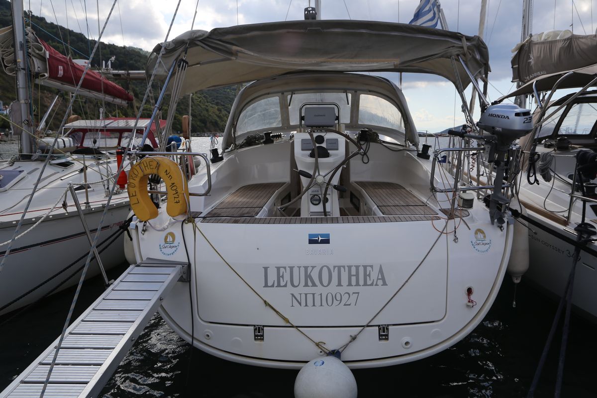 Exterior view of Leukothea, a Bavaria Cruiser 36 sailboat at Loutraki, Greece