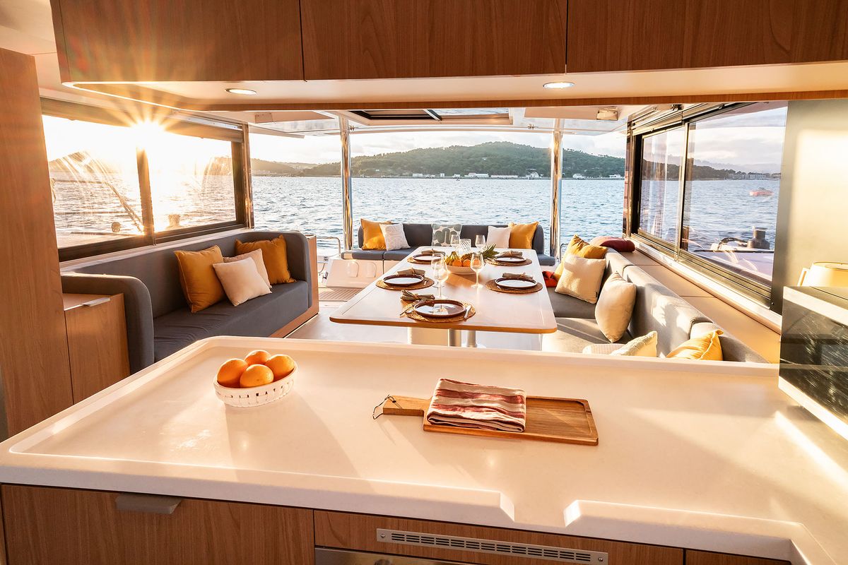 Salon of Voilà, a Bali 5.2 catamaran at Grad Kaštela, Croatia