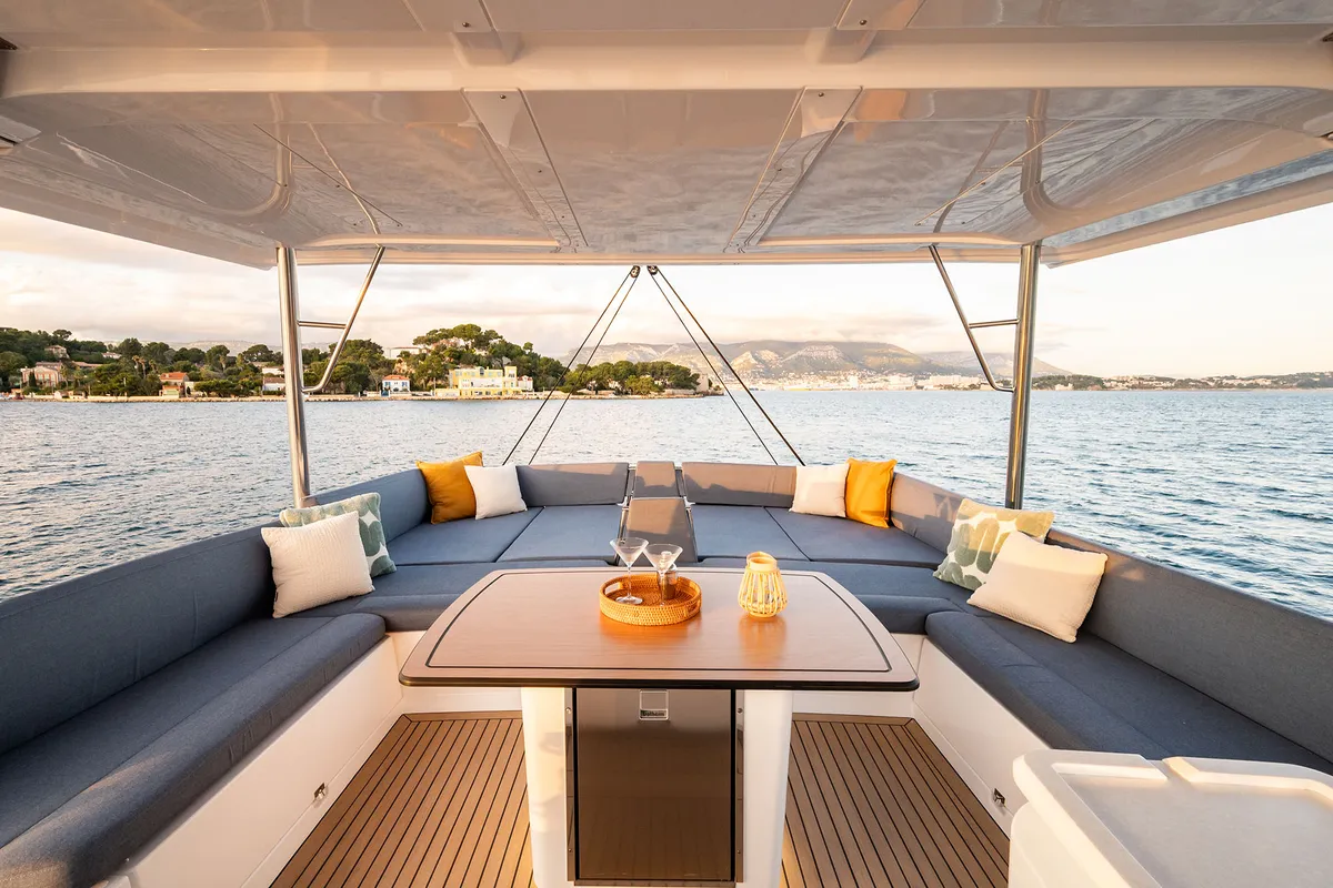 Deck of Voilà, a Bali 5.2 catamaran at Grad Kaštela, Croatia
