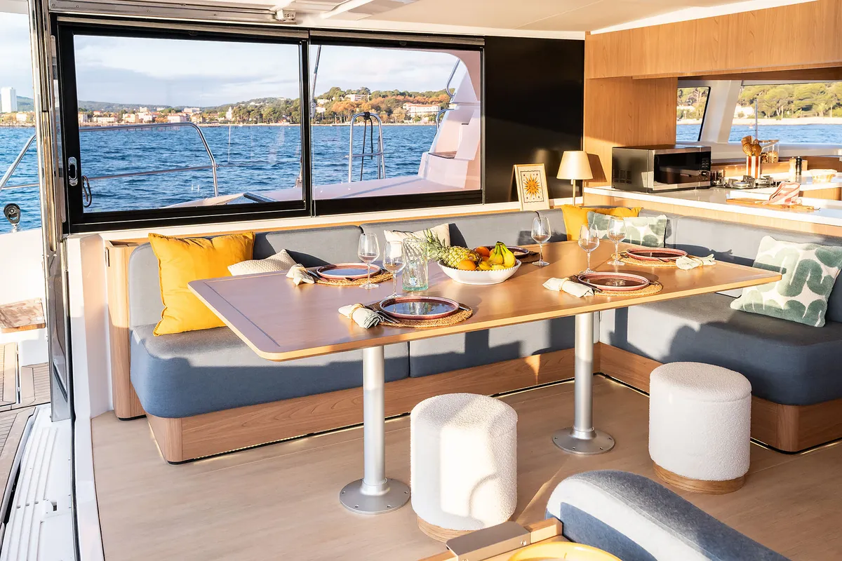 Salon of Voilà, a Bali 5.2 catamaran at Grad Kaštela, Croatia