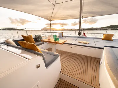 Deck of Voilà, a Bali 5.2 catamaran at Grad Kaštela, Croatia
