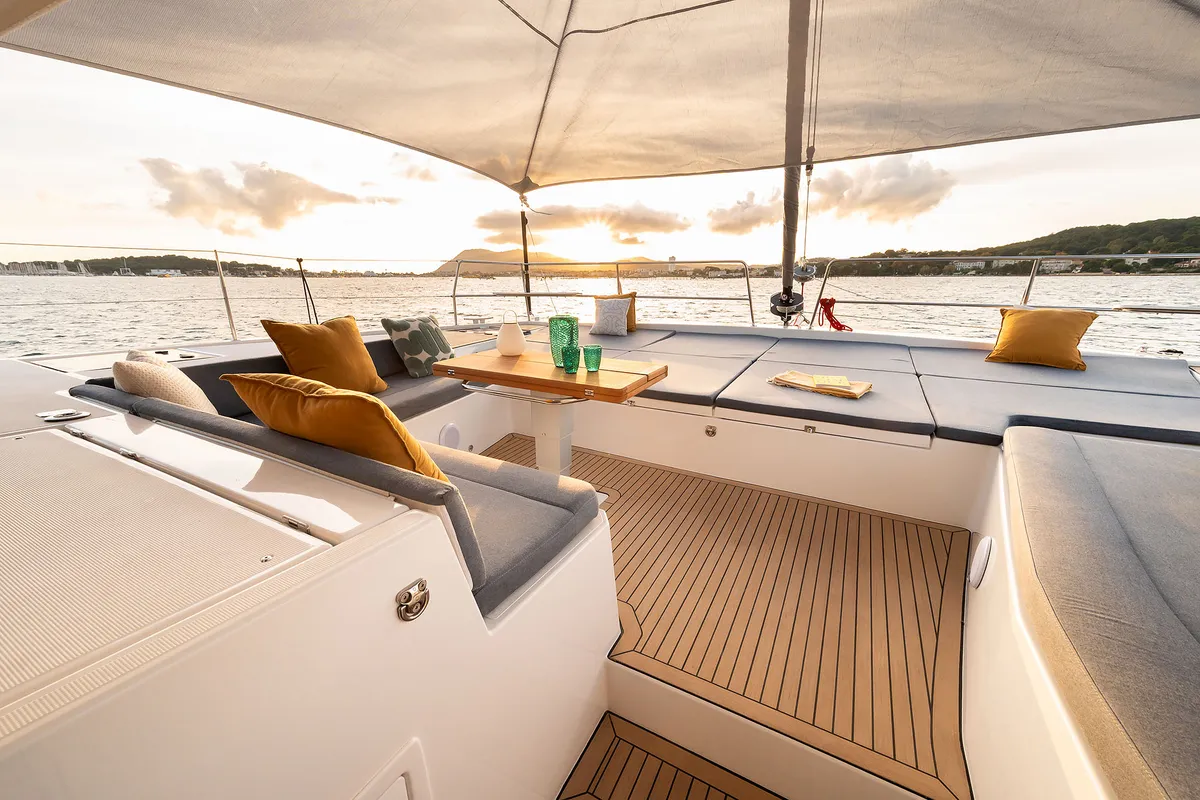 Deck of Voilà, a Bali 5.2 catamaran at Grad Kaštela, Croatia