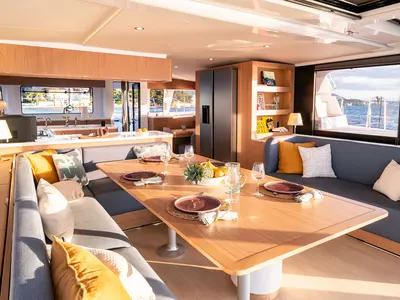 Salon of Voilà, a Bali 5.2 catamaran at Grad Kaštela, Croatia
