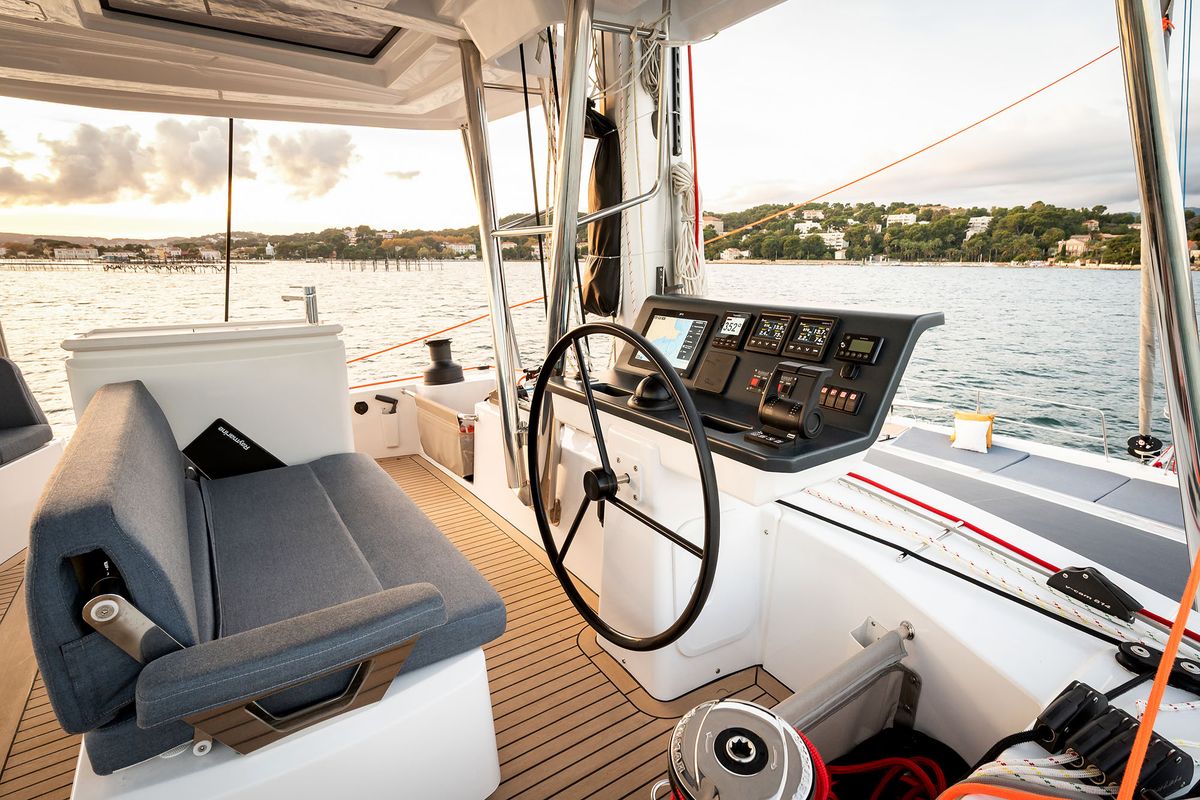 Cockpit of Voilà, a Bali 5.2 catamaran at Grad Kaštela, Croatia