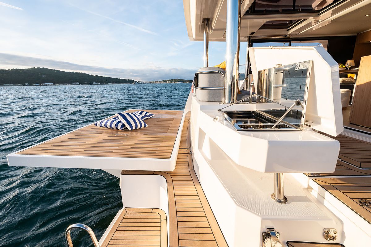 Deck of Voilà, a Bali 5.2 catamaran at Grad Kaštela, Croatia
