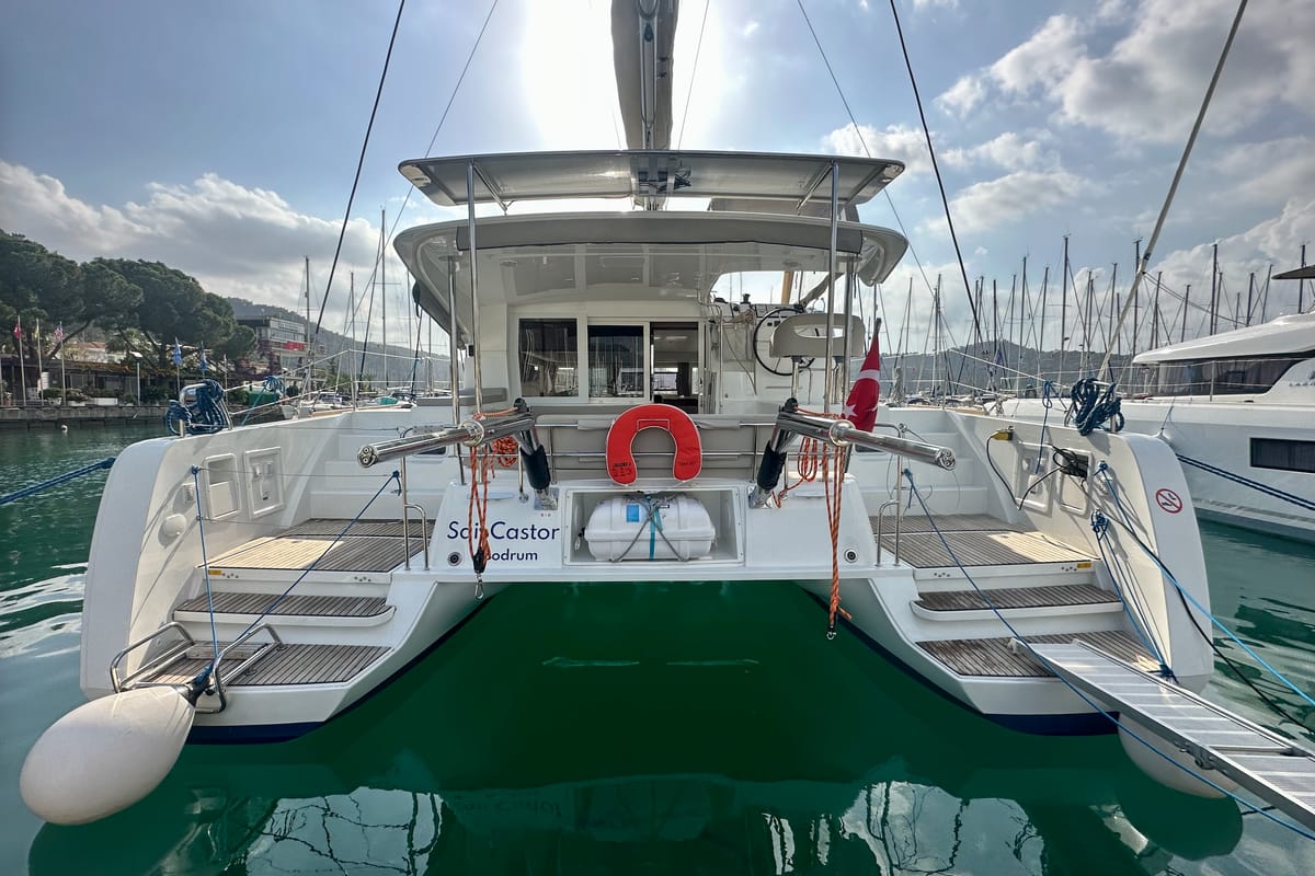 Exterior view of Sail Castor, a Lagoon 40 catamaran at Fethiye, Turkey