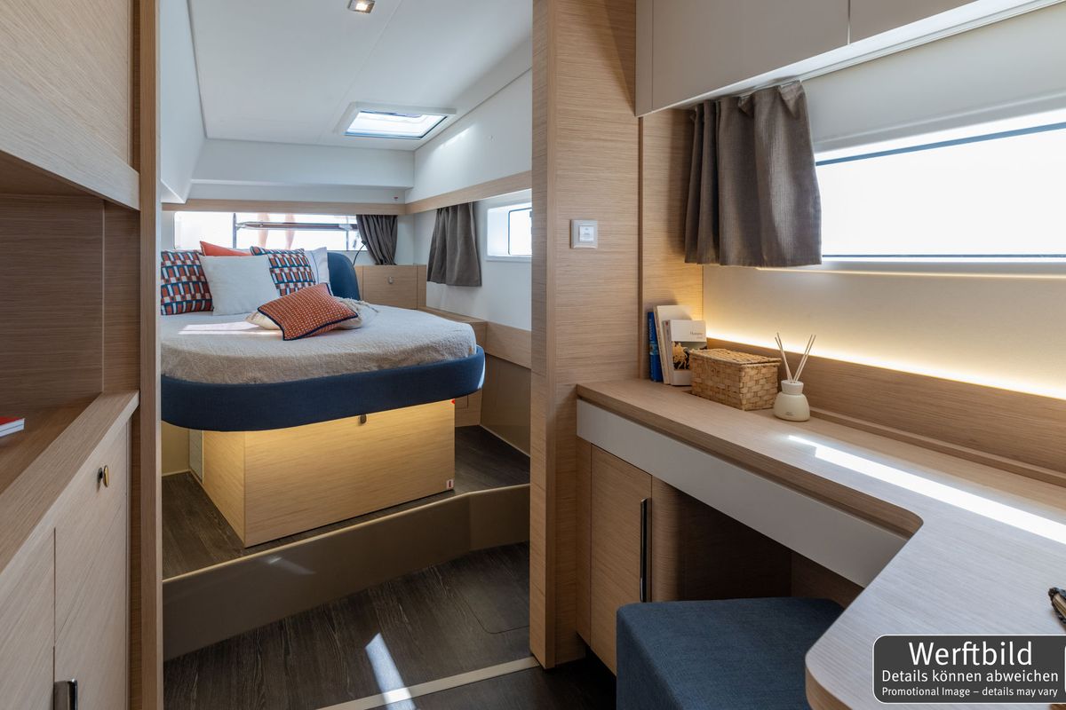 Cabin on Hi Iaka, a Fountaine Pajot FP 44 Maestro catamaran at Palma de Mallorca, Spain