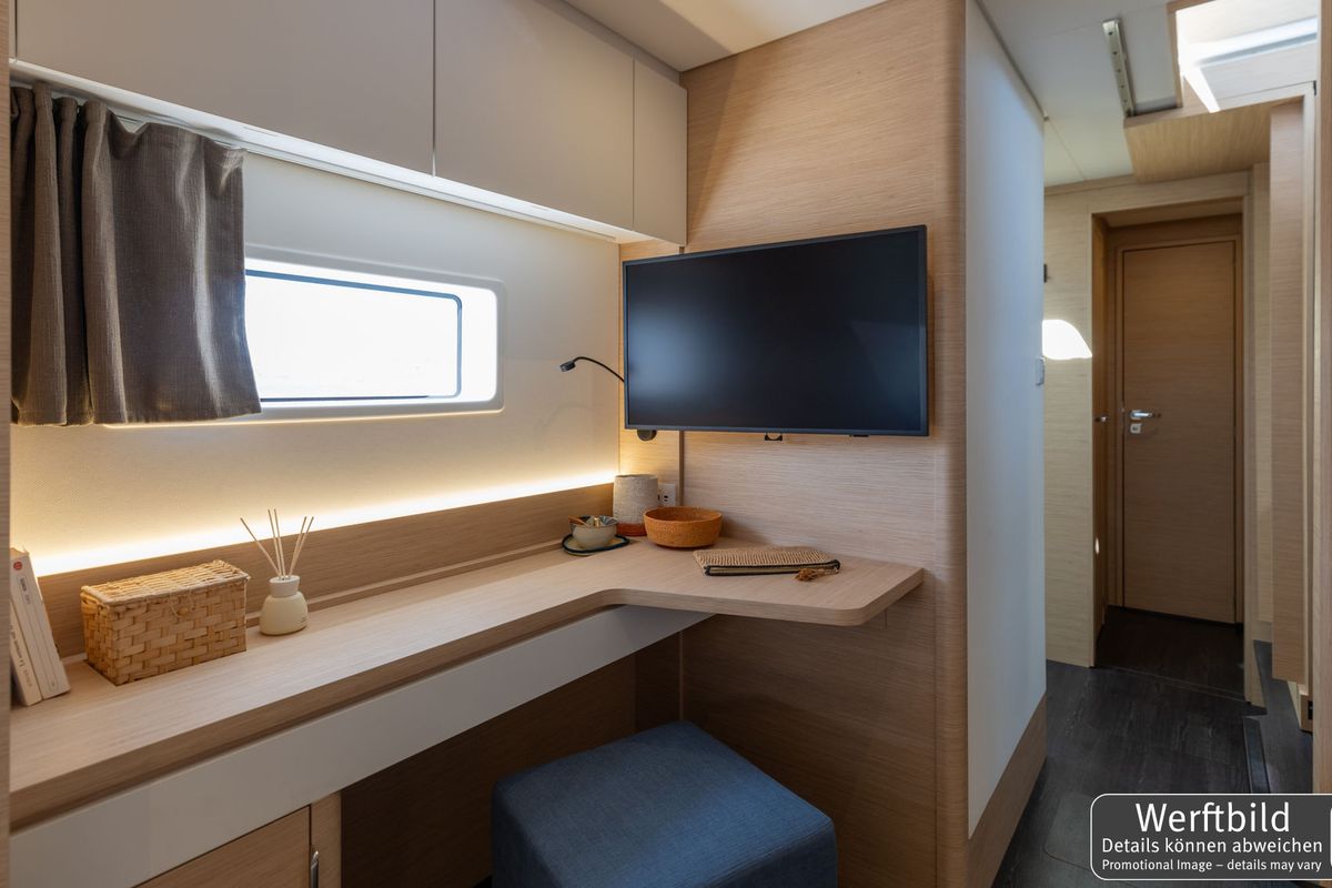 Cabin on Hi Iaka, a Fountaine Pajot FP 44 Maestro catamaran at Palma de Mallorca, Spain