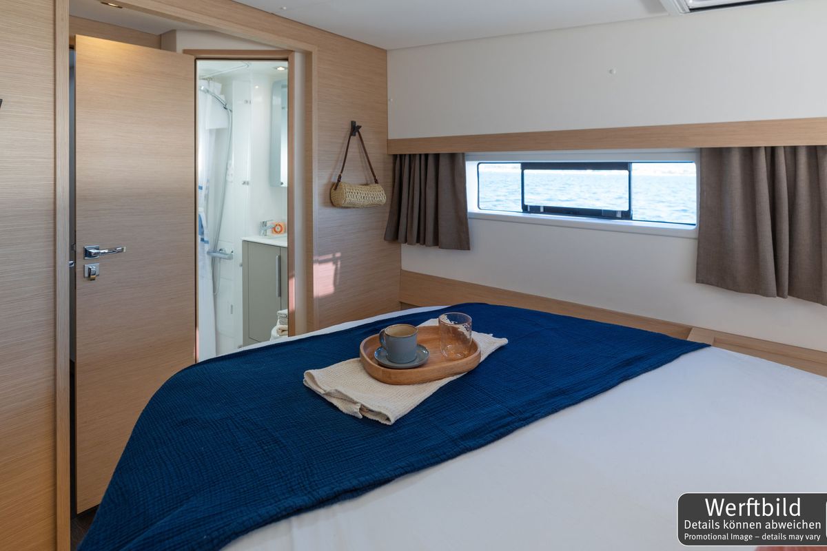 Cabin on Hi Iaka, a Fountaine Pajot FP 44 Maestro catamaran at Palma de Mallorca, Spain