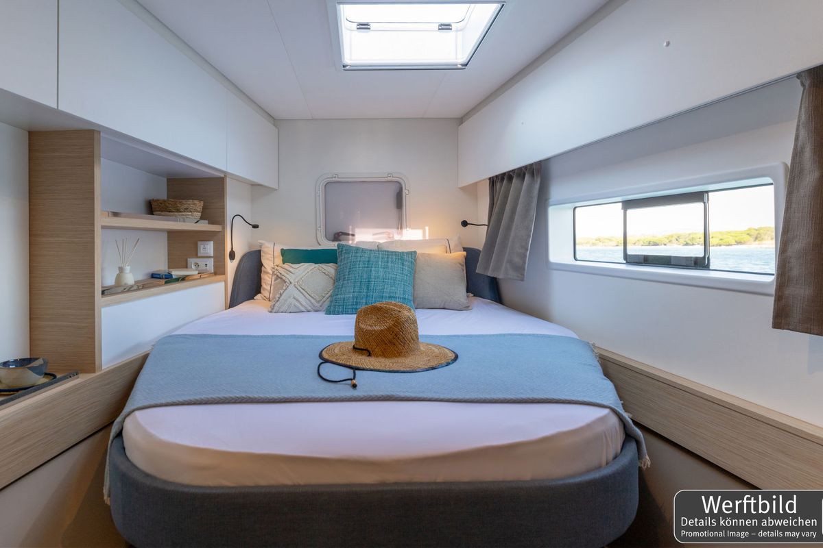 Cabin on Hi Iaka, a Fountaine Pajot FP 44 Maestro catamaran at Palma de Mallorca, Spain
