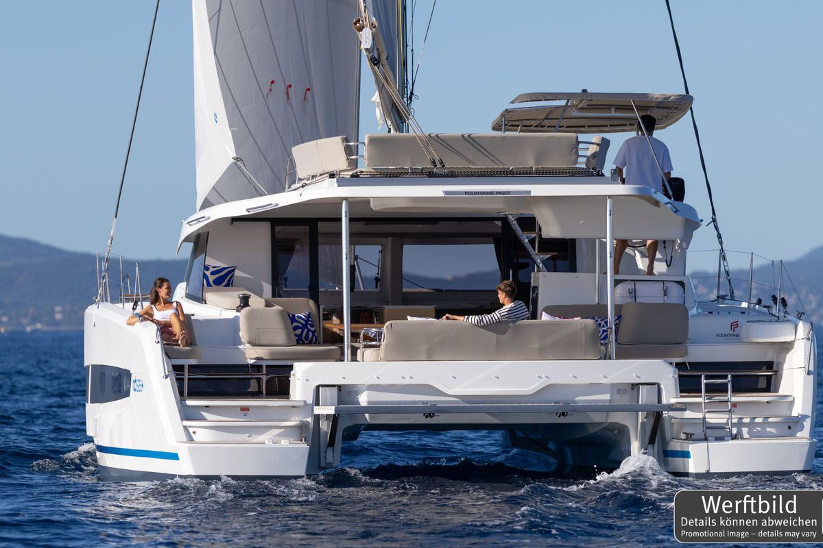 Exterior view of Hi Iaka, a Fountaine Pajot FP 44 Maestro catamaran at Palma de Mallorca, Spain