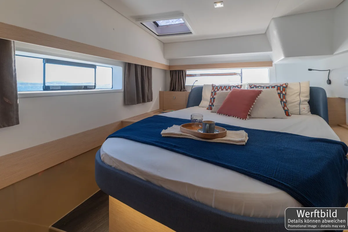 Cabin on Hi Iaka, a Fountaine Pajot FP 44 Maestro catamaran at Palma de Mallorca, Spain