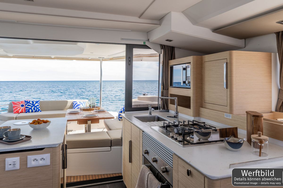 Galley of Hi Iaka, a Fountaine Pajot FP 44 Maestro catamaran at Palma de Mallorca, Spain